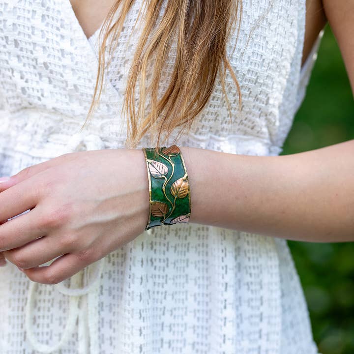 Anju Jewelry - Wholesale Cuff Bracelet - Brass Patina Cuff Bracelet - Green Leaves & Vines3