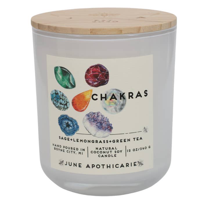 Vela de Vidrio de 12 oz con Mecha de Madera Chakras para venta al por mayor de June Apothicarie