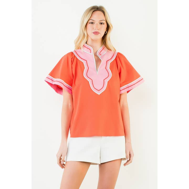 Contrast Trim Wide Sleeve V-Neck Top for wholesale by THML