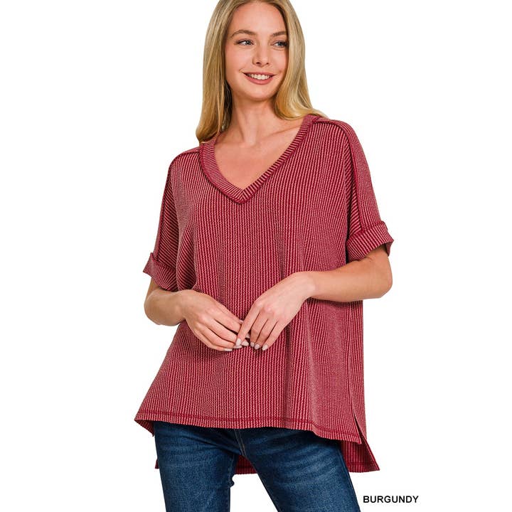 Corded rib short sleeve hi low v neck top for wholesale by Apolline