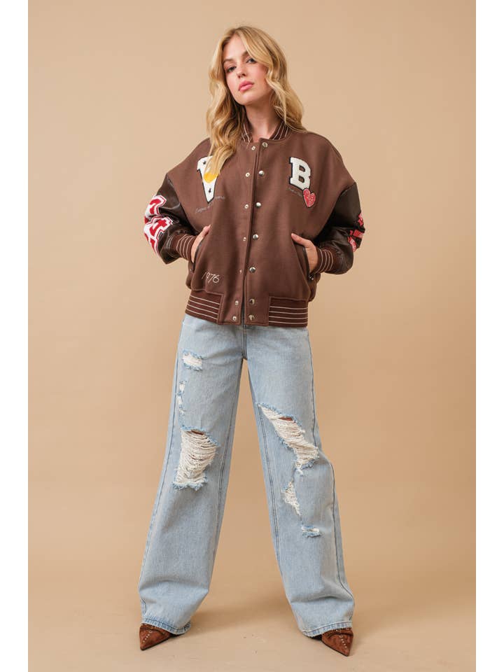 Blue B - Wholesale Varsity/Baseball Jacket - Women's - 50076J-Boucle Patches Faux Leather Letterman Varsity Jacket