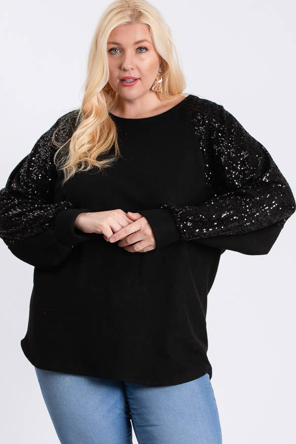 7th Ray - Wholesale Tunic - Women's - [PLUS SIZE] Brushed Knit Sequin Long Sleeve Top T2937XL4