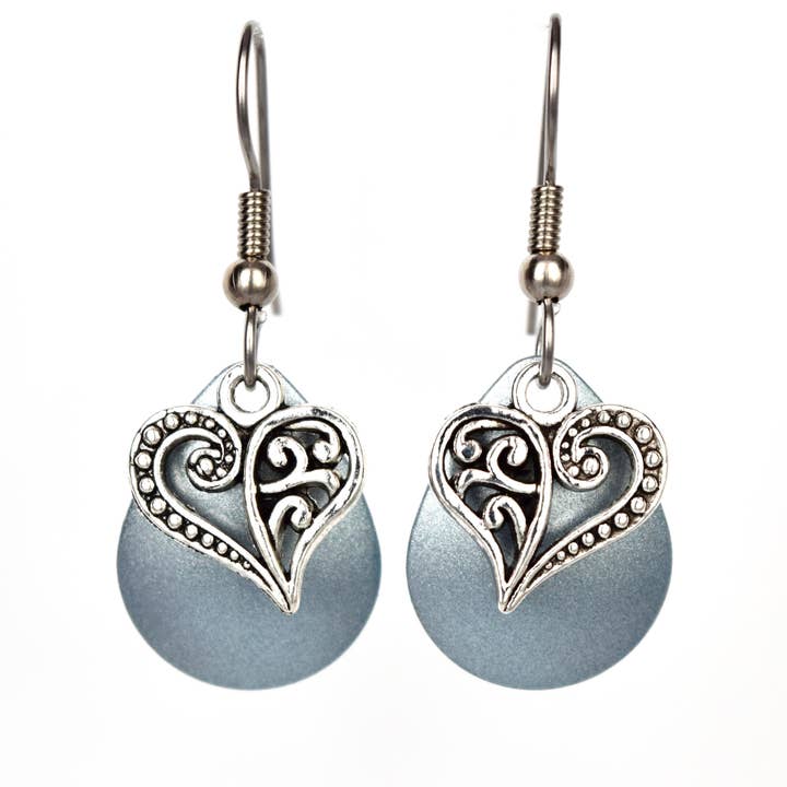 Blue Tone Heart Earrings Handmade Valentines Jewelry for wholesale by Eye Catching Jewelry