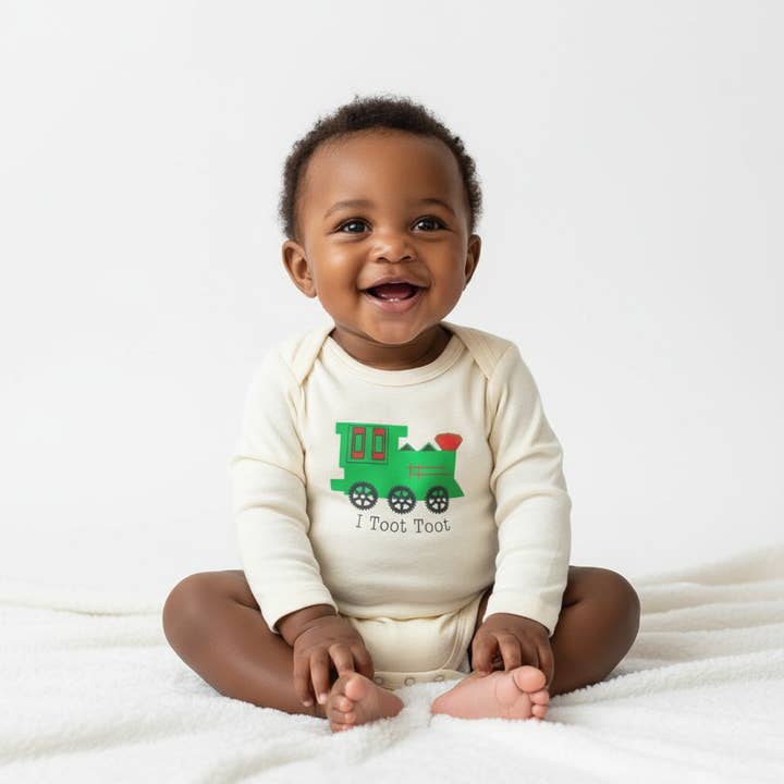 Baby Organic Baby Rompers Train Long sleeve for wholesale by Simply Chickie® Organic Baby & Kids | USA Made • Ships USA