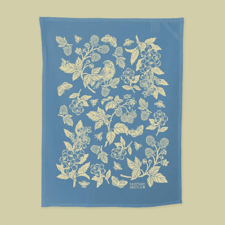 Mustard Beetle - Wholesale Tea Towel - Hand Dyed + Screenprinted Organic Cotton Tea Towel: Berries