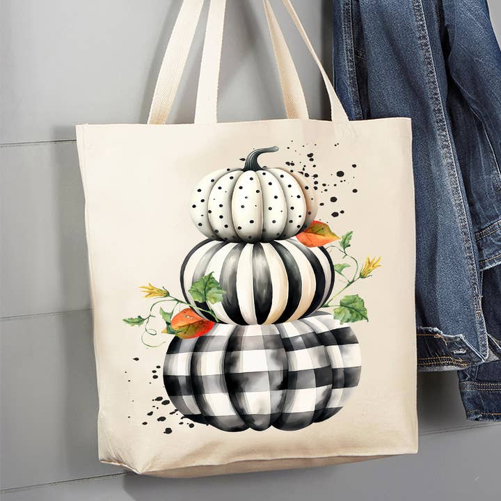Bolso de lona con calabazas a cuadros en blanco y negro de otoño para venta al por mayor de Avery Lane Gifts