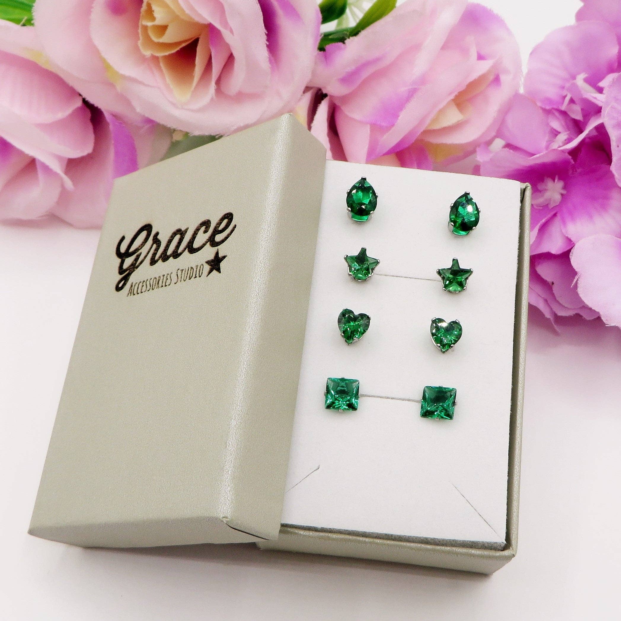 Daemon srls - Wholesale Jewelry Set - SET 4 PAIA PUNTI LUCE SHINE colours ~ 4 forme punti luce acciaio inossidabile ~ 8 PZ ~ 12 varianti colore ~ Orecchini a lobo con zirconi4