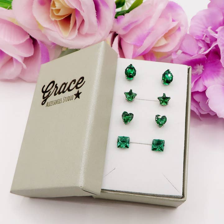 Daemon srls - Wholesale Jewelry Set - SET 4 PAIA PUNTI LUCE SHINE colours ~ 4 forme punti luce acciaio inossidabile ~ 8 PZ ~ 12 varianti colore ~ Orecchini a lobo con zirconi4