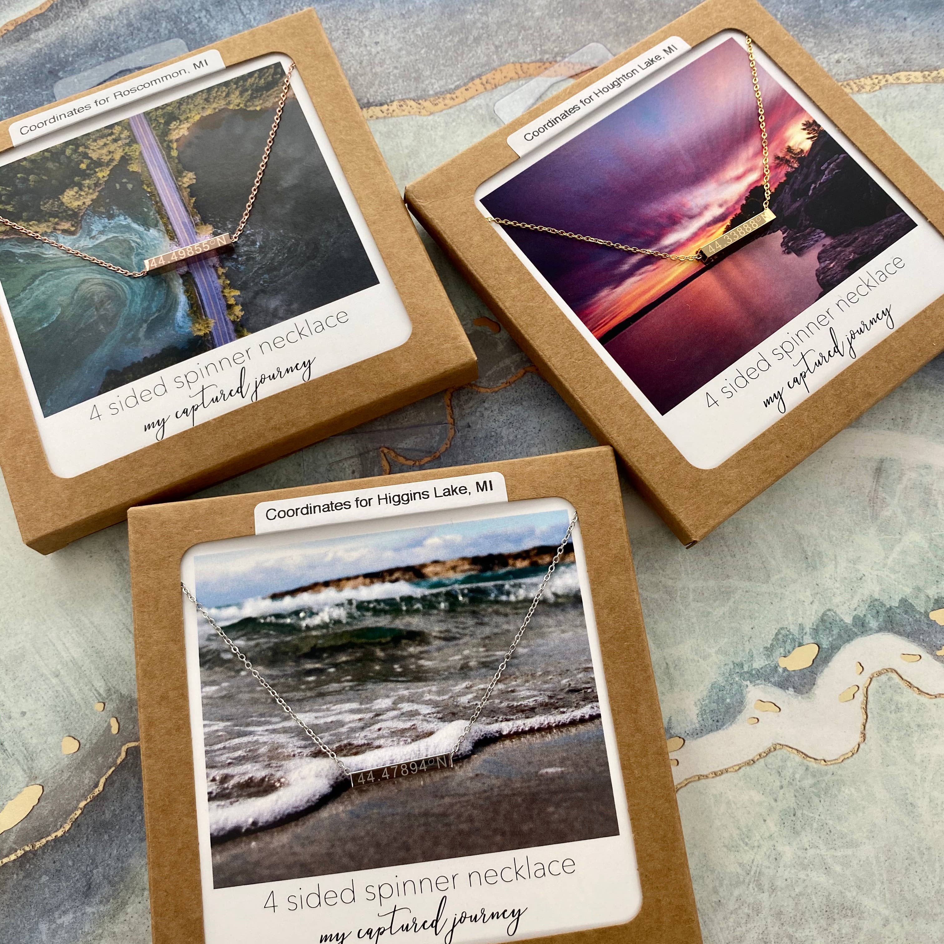 My Captured Journey - Wholesale Pendant/Charm Necklace - Custom City & State Coordinates 4 Sided Spinner Necklace - Name Drop3