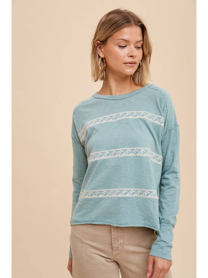 In Loom - Wholesale Blouse - Women's - FLORAL EMBROIDERY STRIPED TEE