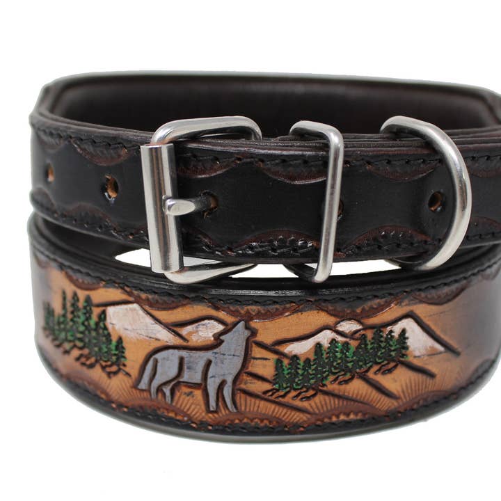 Padded Leather Dog Collar Heavy Duty Padded Leather Floral Tooled Dog Collar 60FK26 for wholesale by Challenger