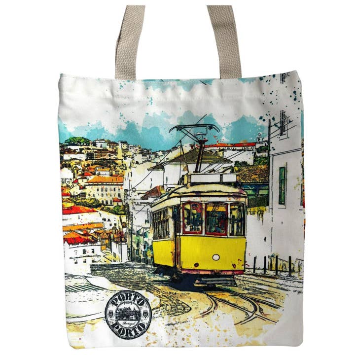 Borse tote con simboli tradizionali portoghesi - Fantasie colorate per shopping e viaggio, borse a mano con zip e tracolla - Souvenir dal Portogallo per la vendita all'ingrosso da parte di Vintage Dreamz