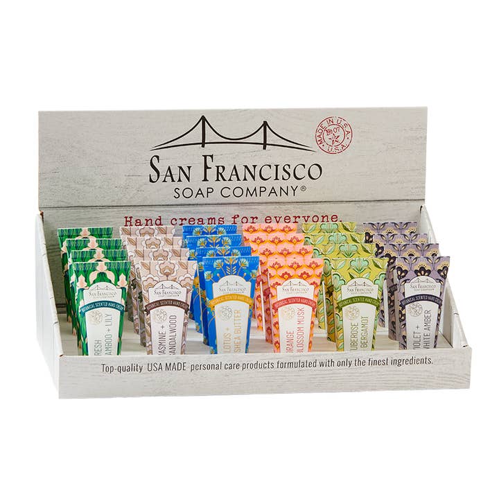 24pc Botanical 1.5oz Hand Cream Display for wholesale by San Francisco Soap / Man Bar Soap