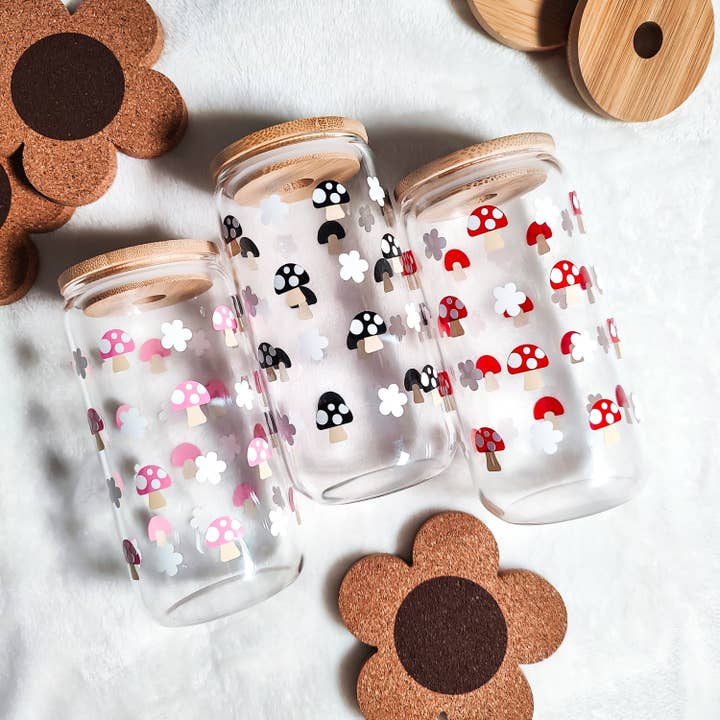 Mushroom & Floral Glass Cups for Drinks and Gifts for wholesale by honeysheshome