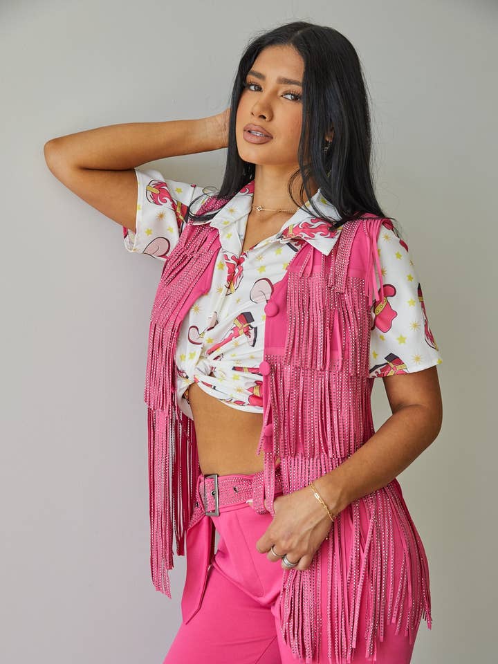 81107-Pailletten-Fransen Cowboy V-Ausschnitt Weste Top für den Großhandel von Nylon Apparel