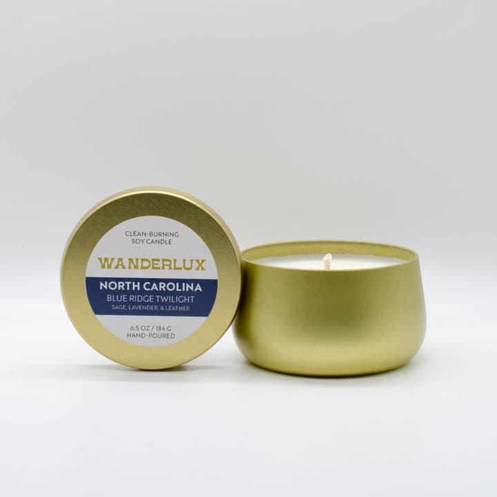 Wanderlux North Carolina Blue Ridge Twilight 6.5 Ounce Soy Candle for wholesale by Wanderlux Candles