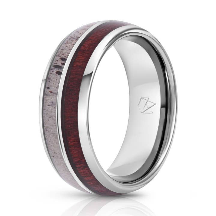 Silver Tungsten Ring - Antler & Koa Wood for wholesale by EMBR