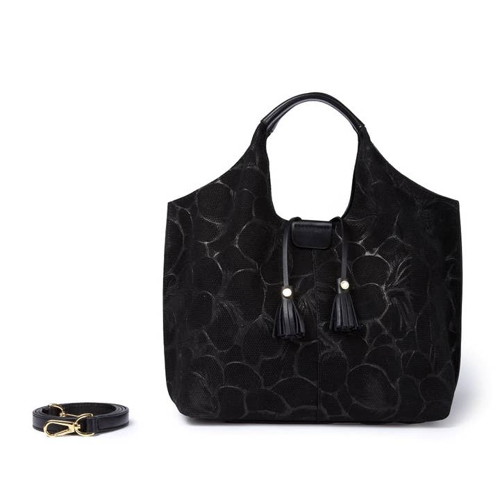 Viola suède handtas in suède met bloemenprint en afneembare schouderriem voor wholesale door Roberta Gandolfi