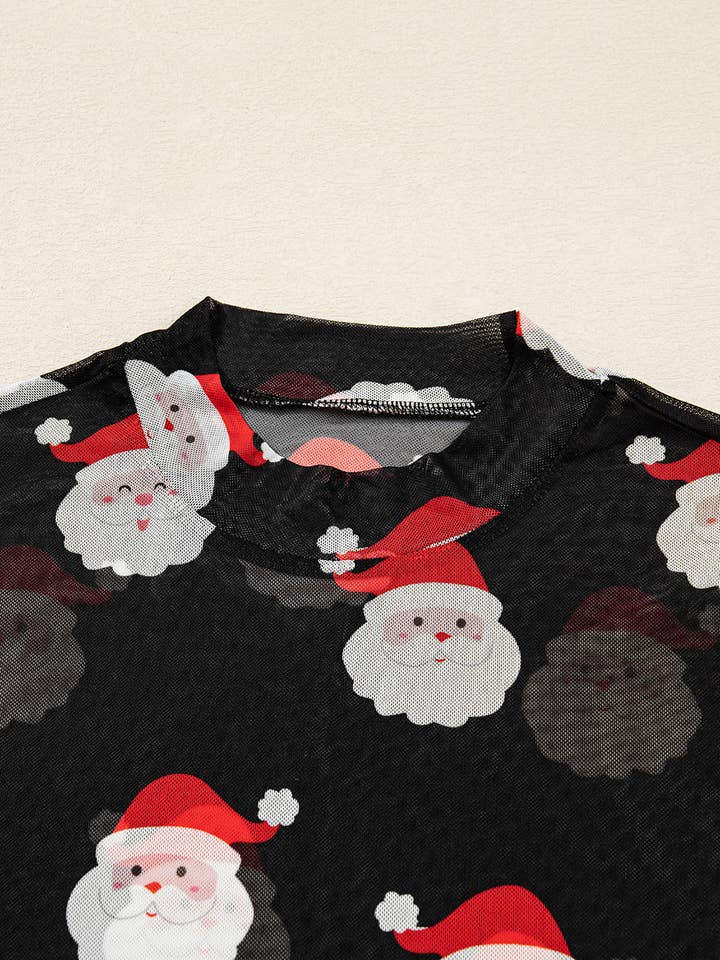 Black FB Christmas Santa Mesh Long Sleeve Top for wholesale on Faire7