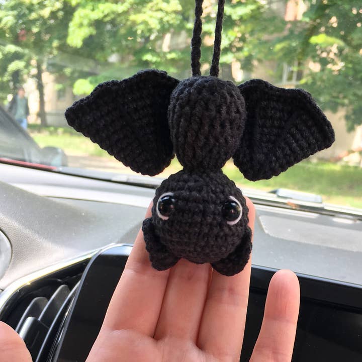 Goth Car Accessory Bat Plush Rear View Mirror Crochet for wholesale by TOMOPOD LLC