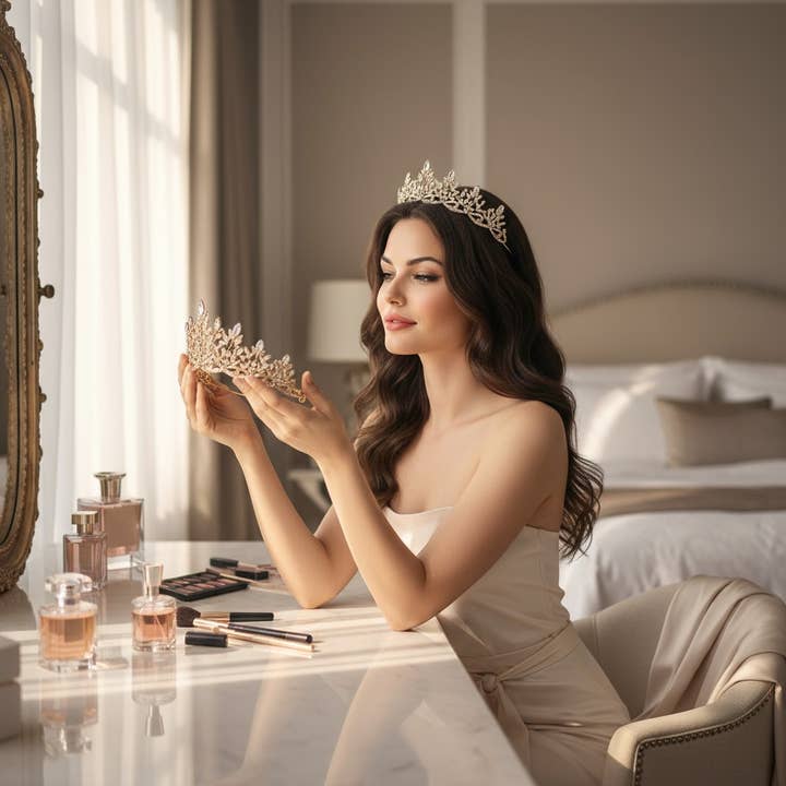 ATHENA COLLECTION - REGAL CRYSTAL TIARA - AHB202 GOLD for wholesale by Athena Bridal Jewellery