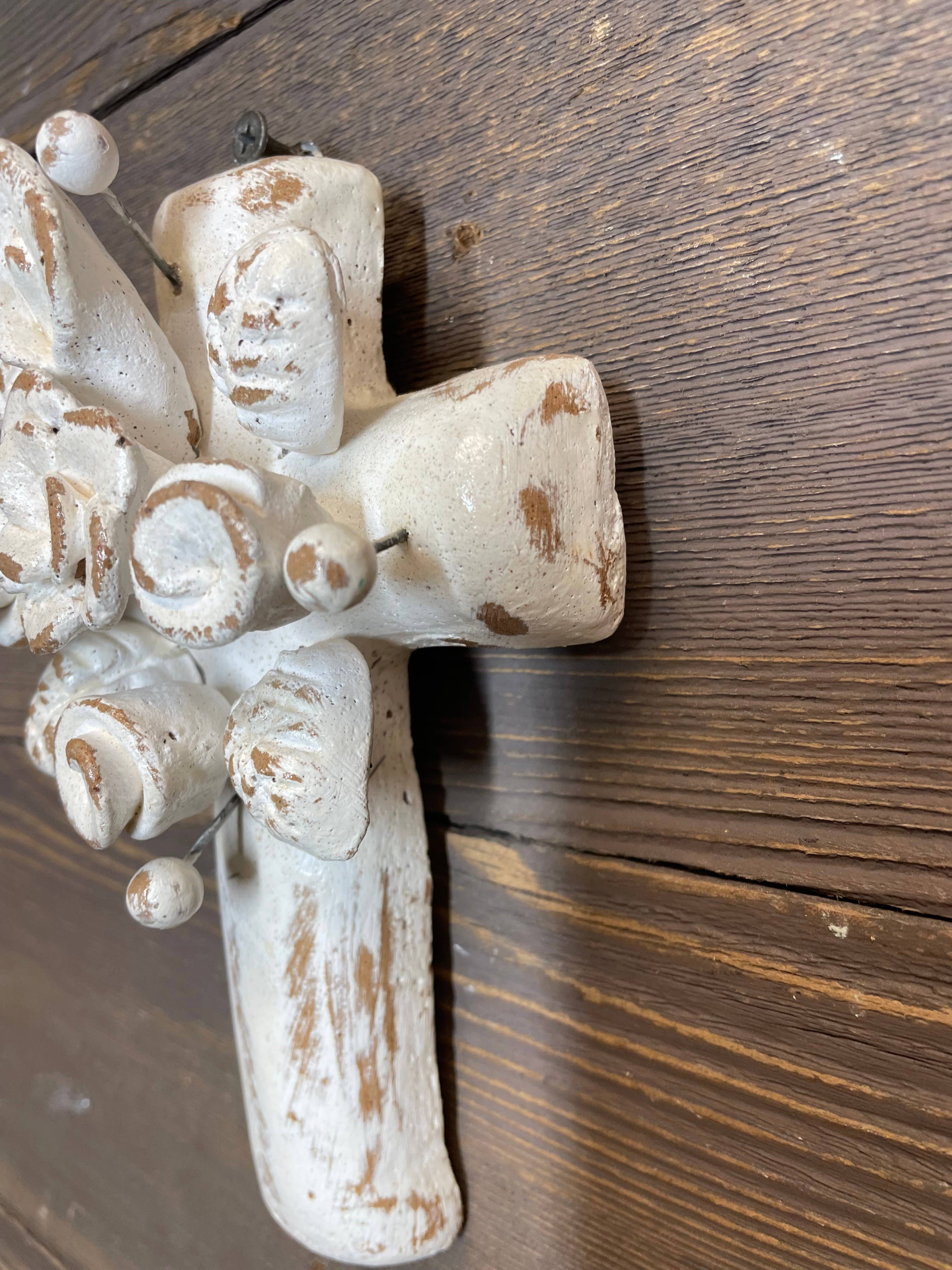 My Amigos Imports - Wholesale Wall Cross - Erin Flower White Clay Cross-ER-Handmade-Wall-4x6.5 in-Small1
