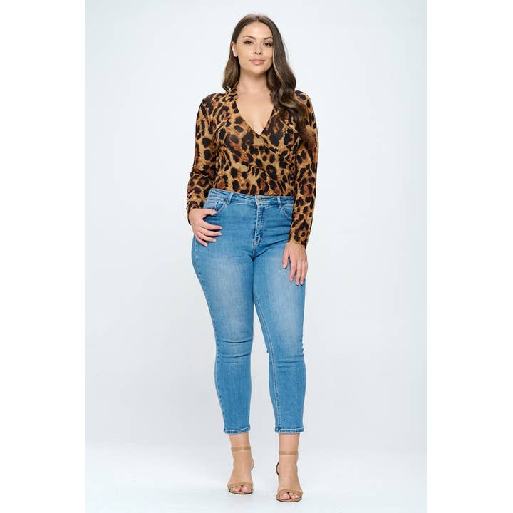 Curve Market – wholesale Bodysuit – Women’s – PLUS SIZE MESH LEOPARD PRINT SURPLICE COLLARED BODYSUIT