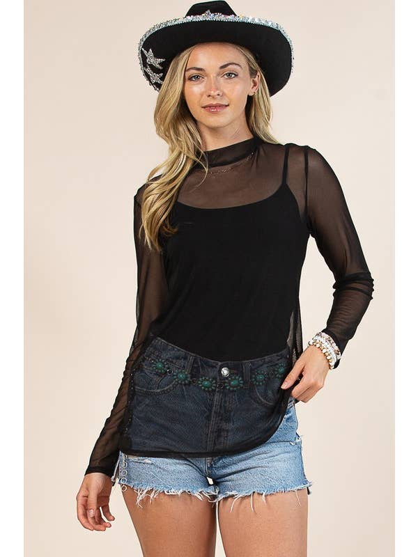 Black AV1230-GEMMA SOLID MOCK NECK MESH TOP for wholesale on Faire