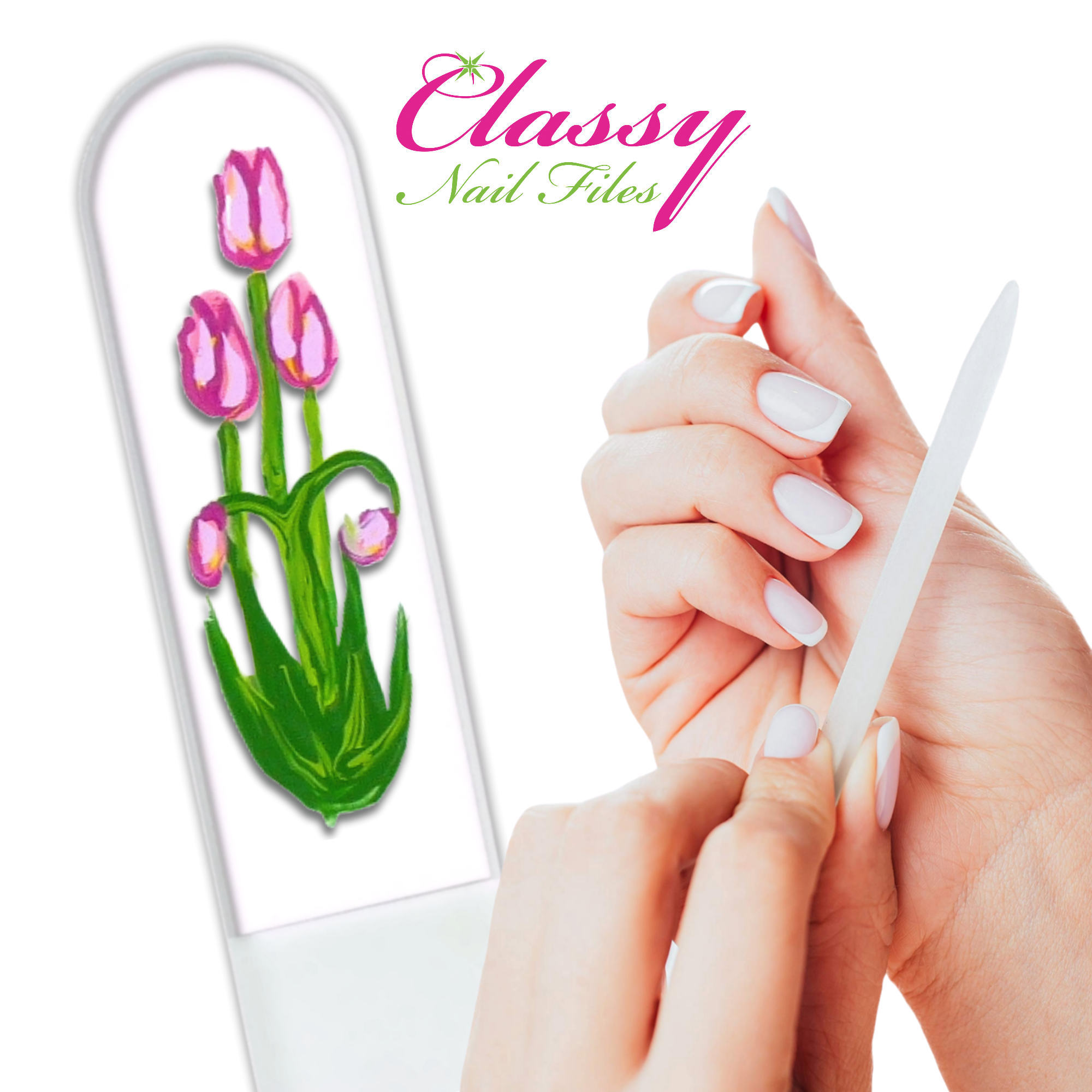 Classy Nail Files – wholesale Nail file – Pink Tulips Spring Flowers Hand Painted Crystal Nail File4