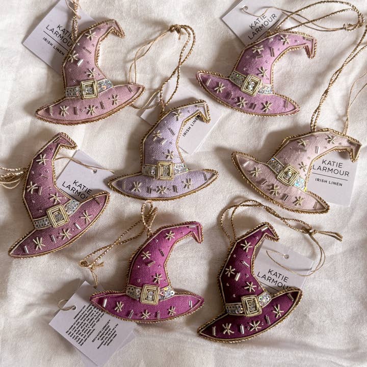 Katie Larmour Linen – wholesale Ornament – (7pcs) Assortment Purple Handmade Witch Hat Linen Halloween