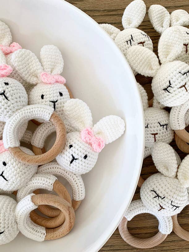 Bunny baby rattles, crochet rattles, baby teether for wholesale by Beloved Baby