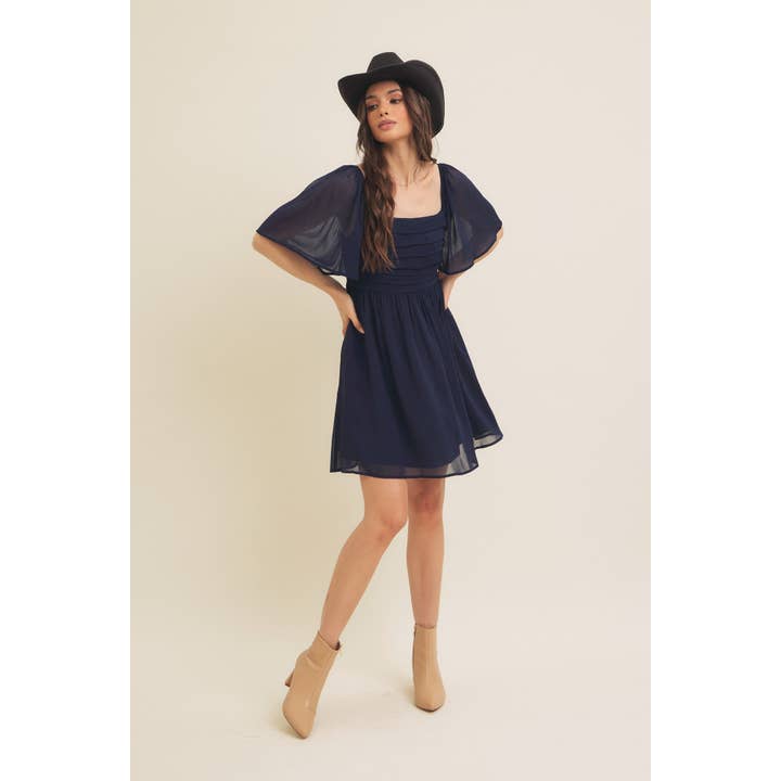 in february - Wholesale Dress - Women's - RUCHED BODICE FLUTTER SLEEVE YORYU CHIFFON DRESS
