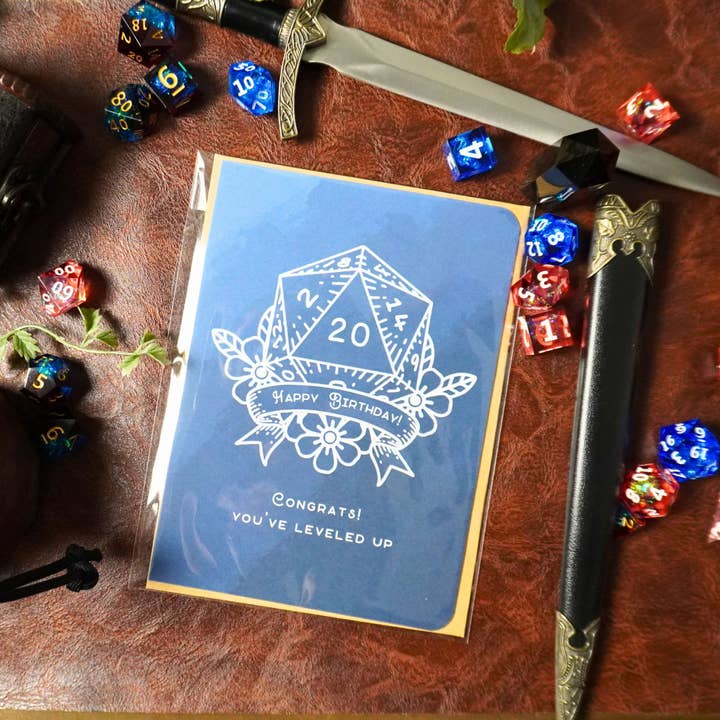 Minva Tabletop Design Co - Wholesale Birthday Card - D20 Leveled Up DnD Birthday Card
