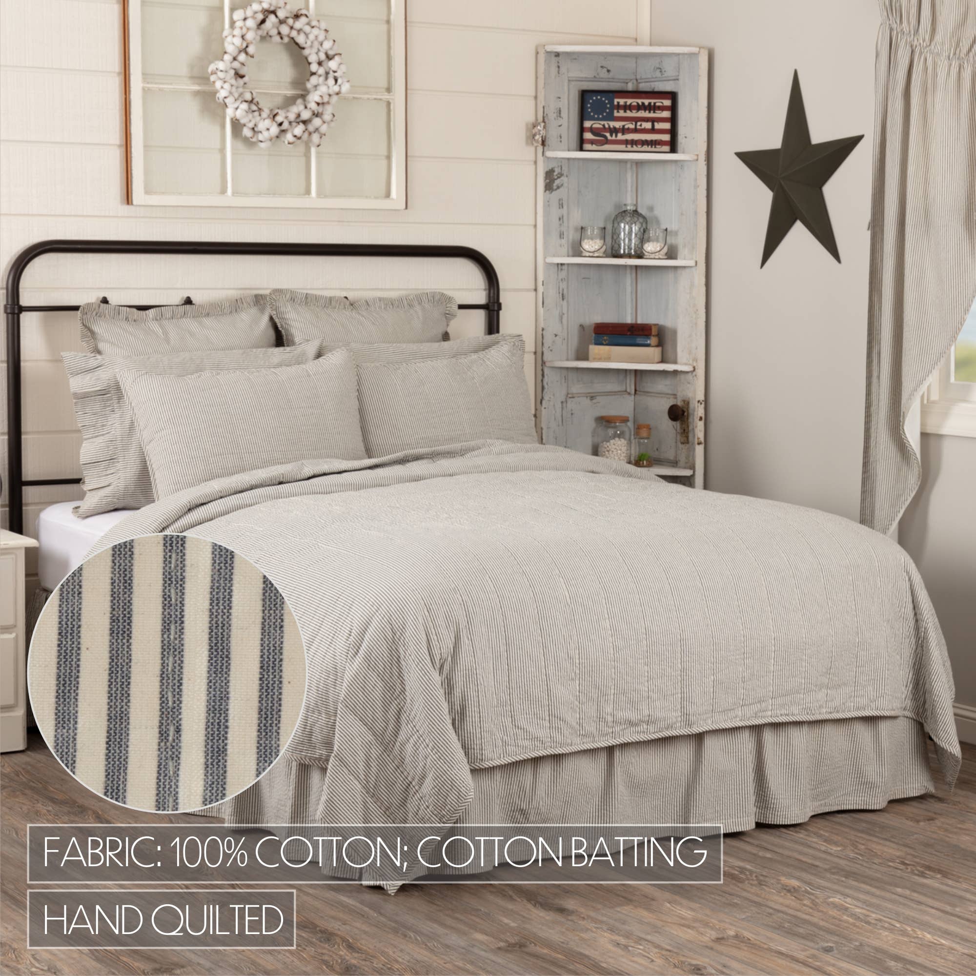 VHC Brands - Wholesale Coverlet - Hatteras Seersucker Blue Ticking Stripe Twin Quilt Coverlet 68Wx86L1