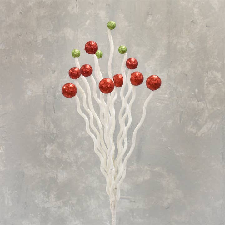 David Christopher's Collection - Wholesale Christmas Decoration - Wild Waves Glittered Stem/Ball Spray - White/Red/Green 31"