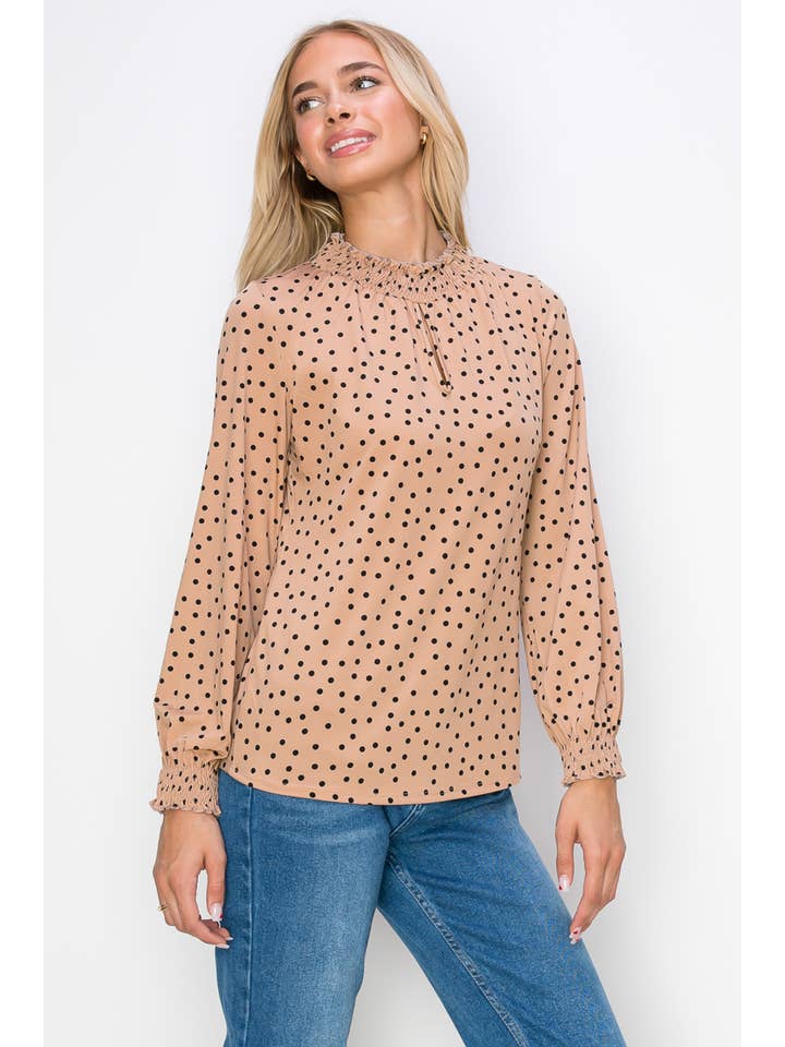 Taupe Black Smocking Keyhole Neck Long Sleeve Knit Blouse for wholesale on Faire2