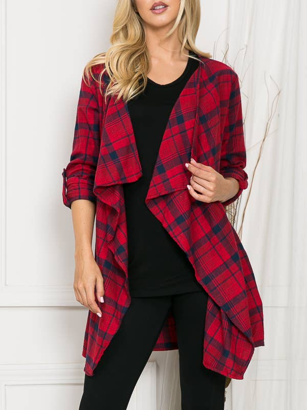 PLAID OPEN CARDIGAN WITH ROLL-UP SLEEVES for wholesale by Burgundy Apparel
