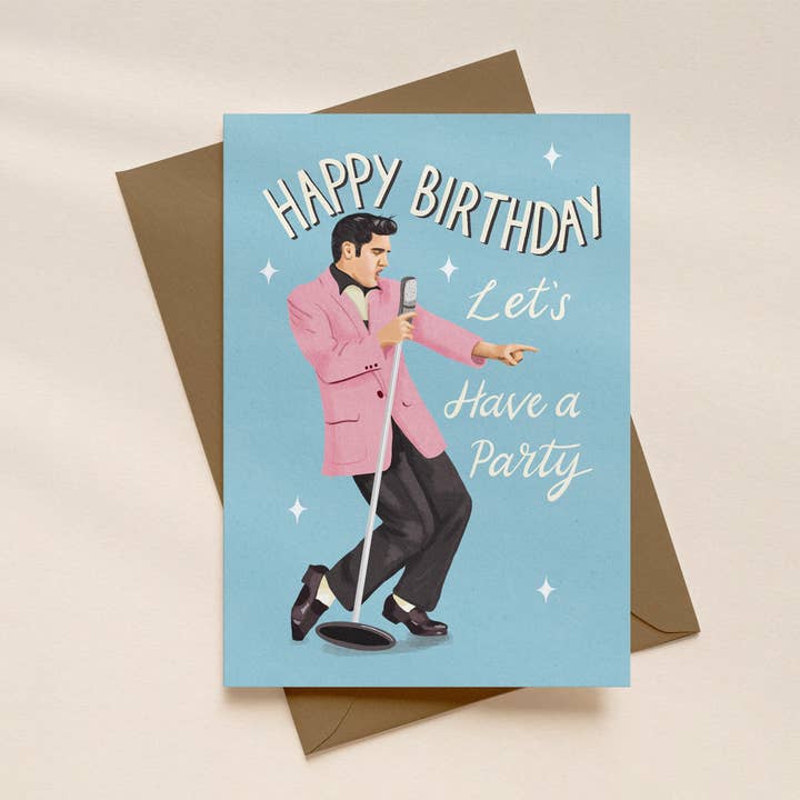 Elvis Let's Have a Party Birthday Card for wholesale by Silky Rose Design