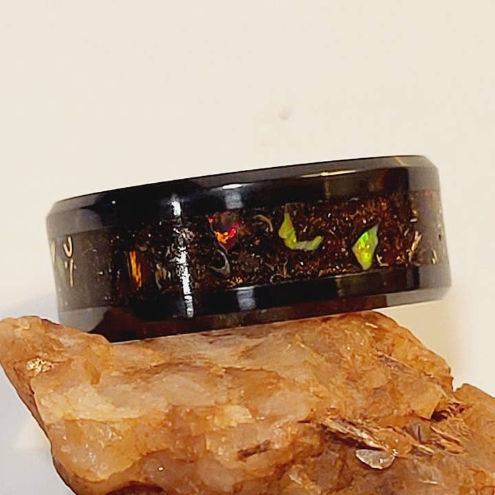 Black Ceramic Ring with Amber & Sangria Opal, Dragon Scale Opal, Bronze Shavings, UV Glow for wholesale by Natural Evolution Design