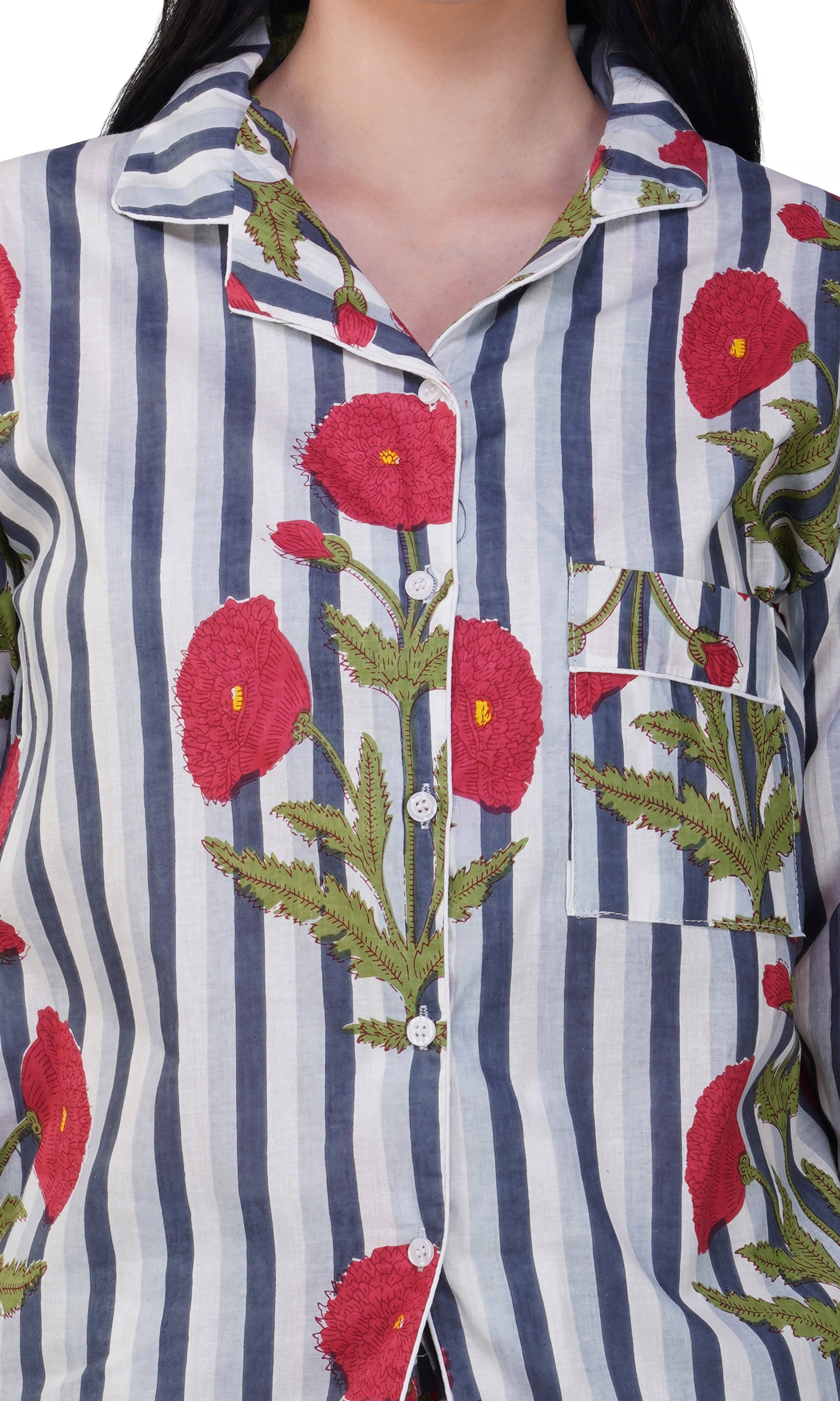 Purple Mohar - Wholesale Sleepwear Set - Women's - Poppy Dreams: 3-Piece Floral & Stripes Night Suit Set"5