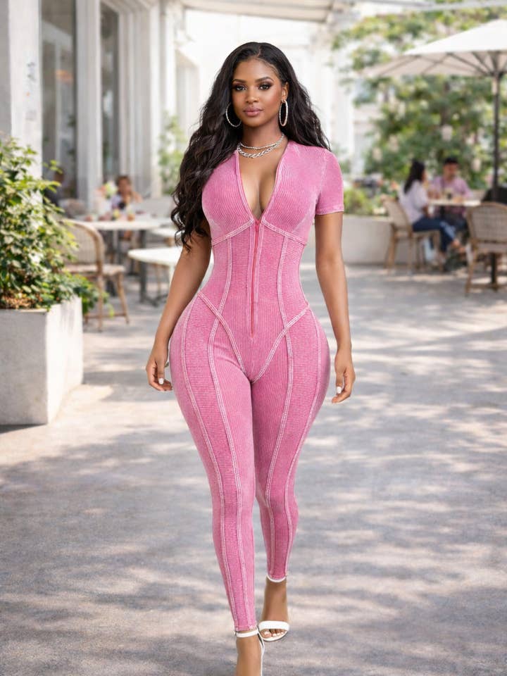 MINERAL WASH FRONT ZIP-UP CONTOUR JUMPSUIT for wholesale by Dalia Studio