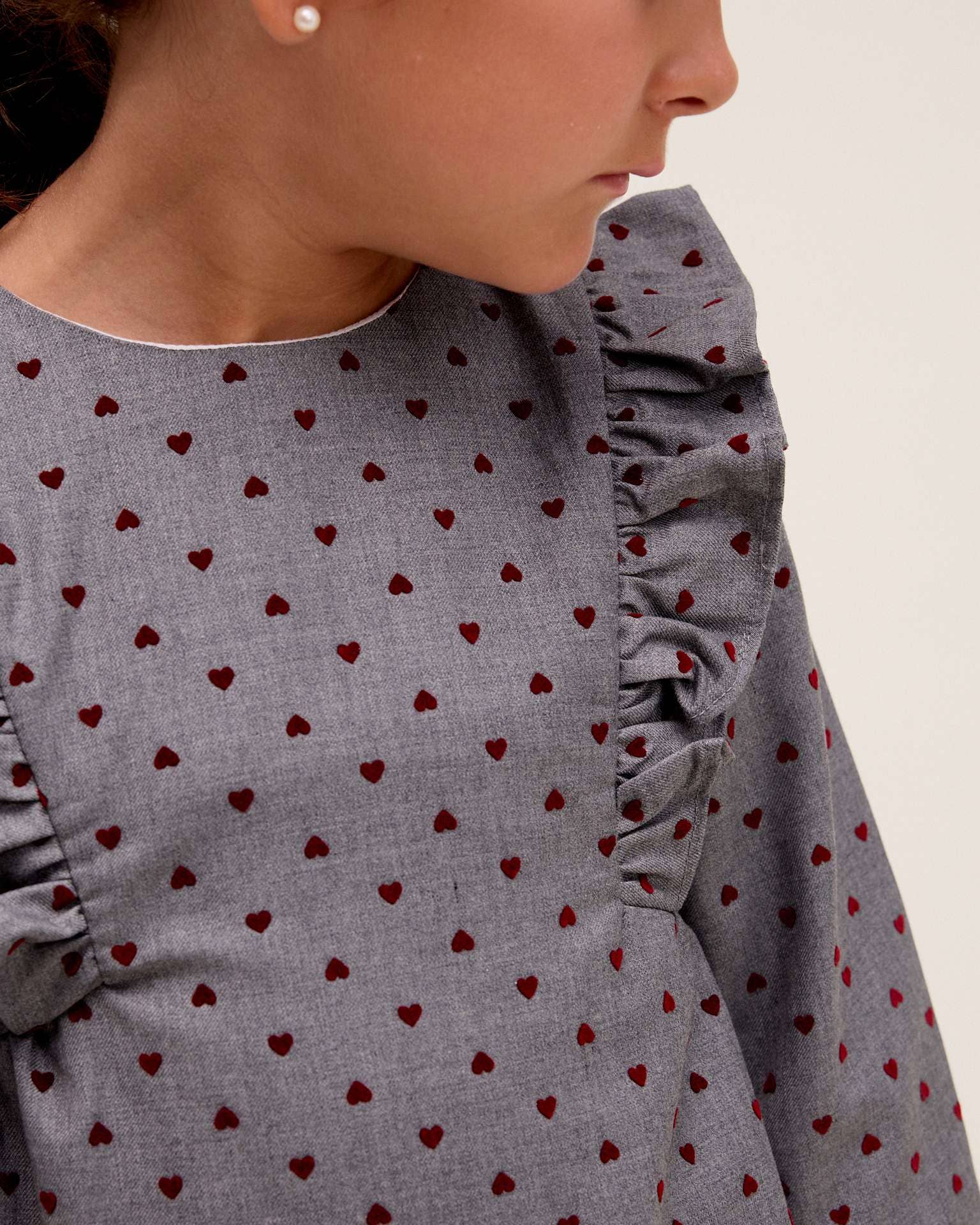 Grey Gray girl's dress with garnet heart print for wholesale on Faire2