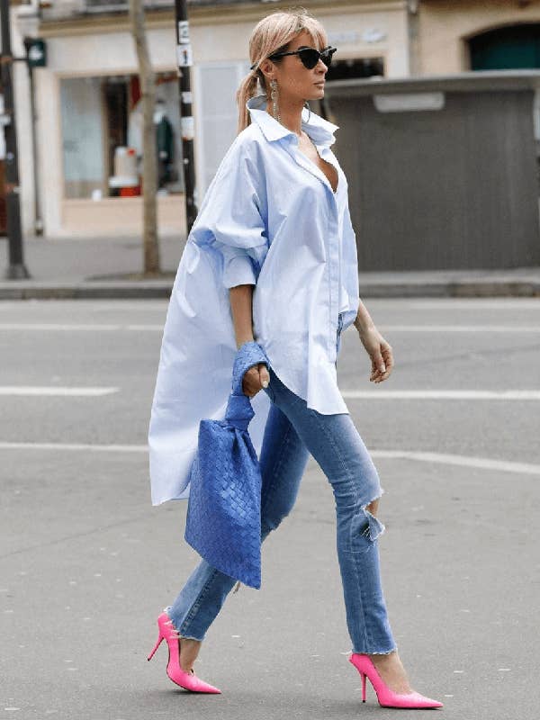 Sheer Trend - Wholesale Button Down Shirt - Women's - Urban Long Sleeves High-Low Solid Color Lapel Blouse Top