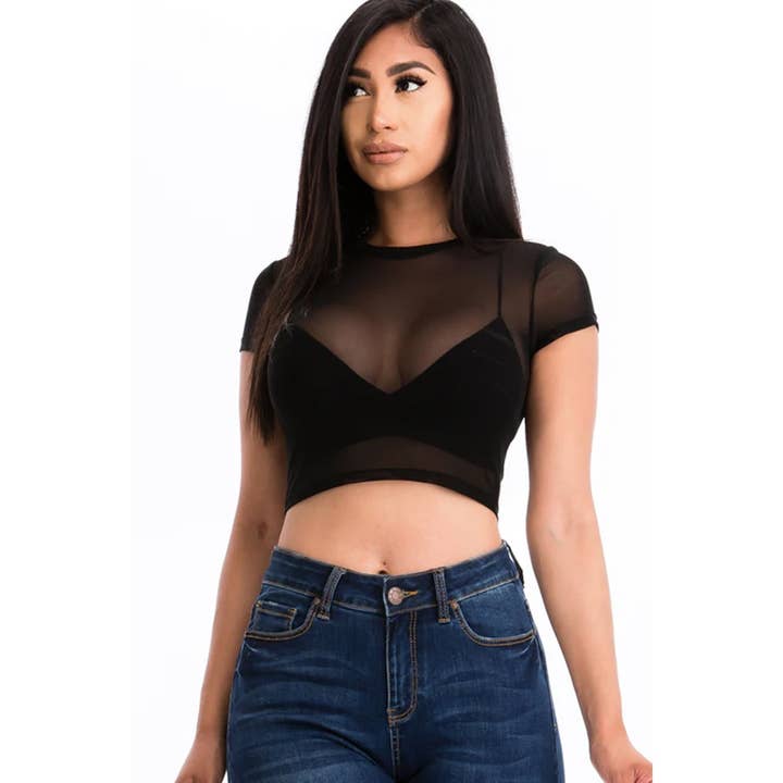 Sexy Mesh Sheer Short Sleeve Crop Top for wholesale by UP CLOTHING