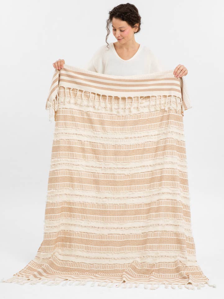 Cream + Rust Whimsical Needlepoint Embroidered Fringe Throw for wholesale by Woven Stories