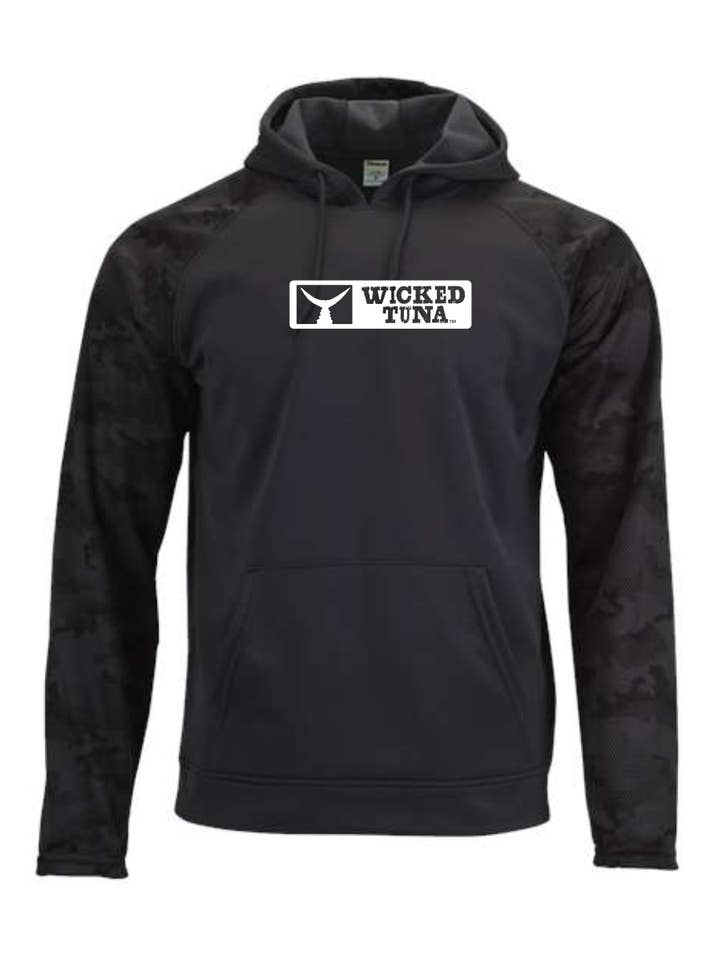 Felpa con cappuccio Wicked Tuna, maniche in microfibra/mimetica, coda con logo per la vendita all'ingrosso da parte di Wicked Tuna