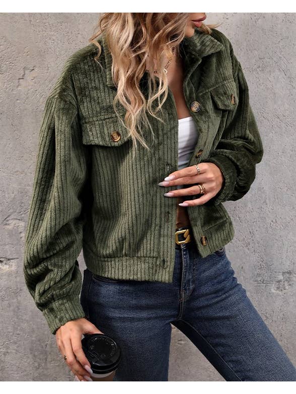 Green Lapel Buttoned Corduroy Cropped Jacket for wholesale on Faire