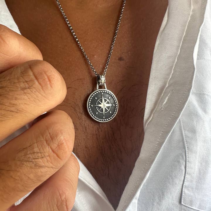 Christina Christi - Wholesale Pendant/Charm Necklace - Sterling Silver Compass Necklace Men, Real Silver Necklace,