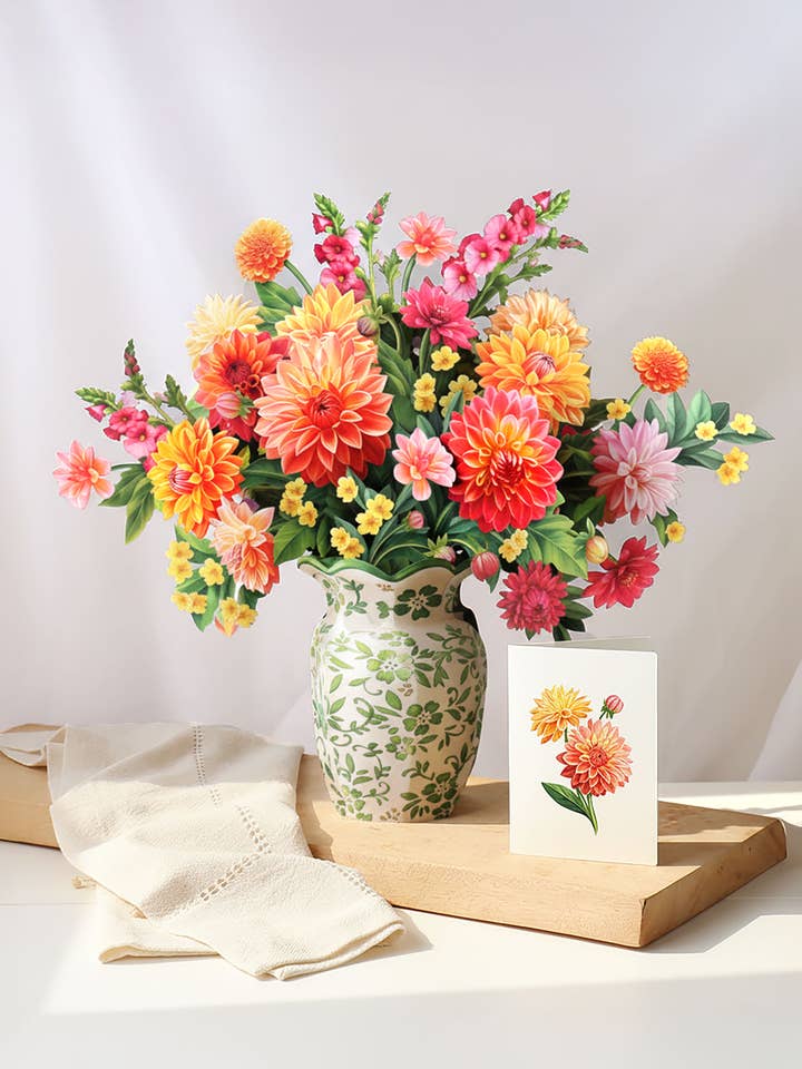 Dahlia Sunrise (8 Pop-up Greeting Cards) for wholesale by FreshCut Paper LLC