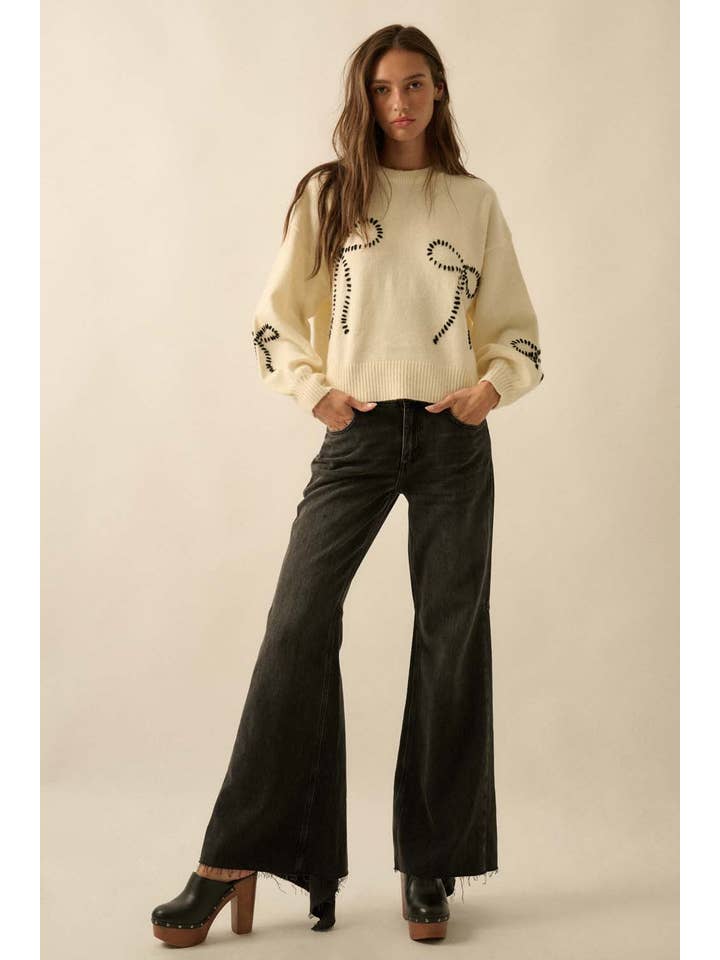 Promesa USA - Wholesale Knit Sweater - Women's - Solid Bow-Embroidered Bubble-Sleeve Sweater8